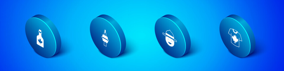 Set Isometric Bottle of maple syrup, Canadian ranger hat, Hockey jersey and TV CN Tower in Toronto icon. Vector