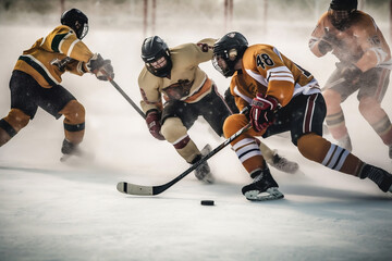 An intense hockey scene, with a puck sliding across the ice, captured mid-action. Generative ai