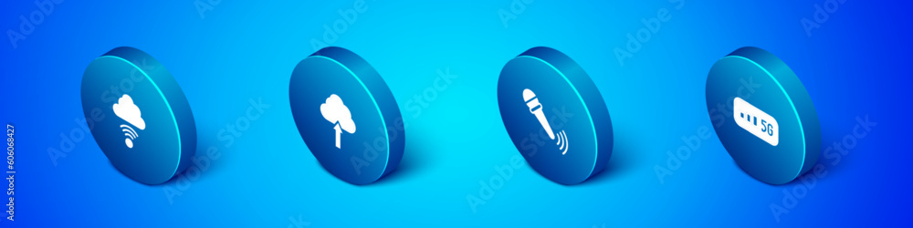 Poster set isometric network cloud connection, wireless microphone, 5g wireless internet and cloud upload i