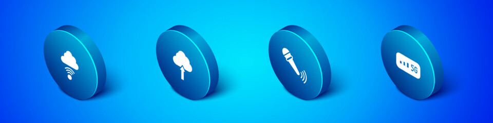 Set Isometric Network cloud connection, Wireless microphone, 5G wireless internet and Cloud upload icon. Vector