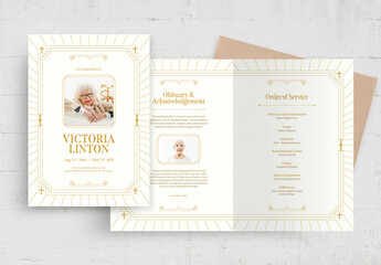 Elegant Art Deco Funeral Program Brochure Layout in White and gold
