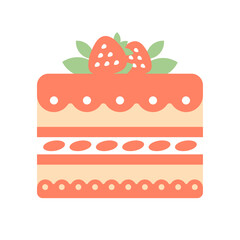 Delicious sweet cake logo with pink strawberry filling and strawberry berry on the top. Vector illustration. Flat design style.