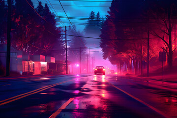 Fototapeta na wymiar Pink neon road car landscape lights illustration