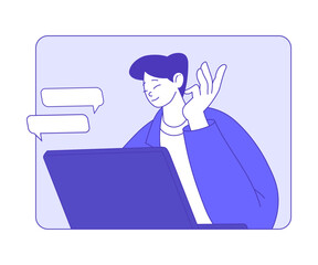 Business Man Character at Laptop Meeting Online at Chat or Video Conference Vector Illustration