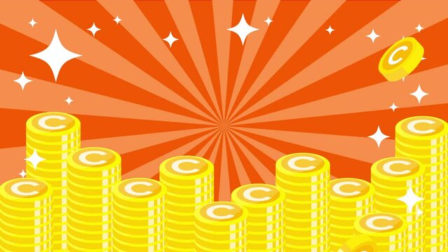 コインタワーと上から降り注ぐコインにオレンジ放射のビデオ背景アニメーション