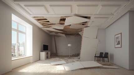 Fototapeta na wymiar Destroyed ceiling in the apartment. AI generation