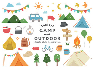 Fototapeta na wymiar キャンプ・アウトドアのイラストセット　テント　レジャー　キャンプ場　シンプル　自然　旅行　休暇　山