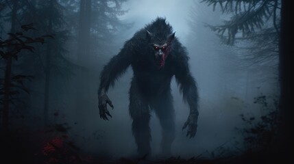 Sinister werewolf with red eyes in gloomy night forest shrouded in mist, full body portrait of scary wolf shifter grin in ominous dark woods ready for attack victim, generative AI - obrazy, fototapety, plakaty