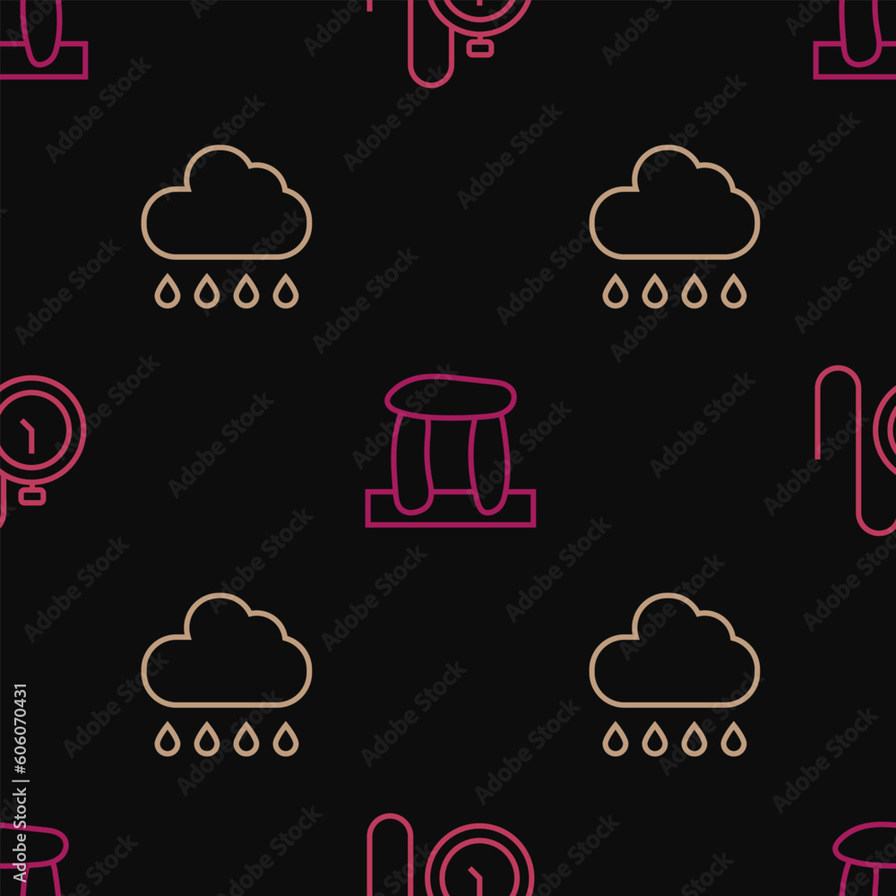 Poster set line watch with a chain, cloud rain and stonehenge on seamless pattern. vector