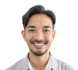 Portrait of a handsome Asian man with a beard in a gray shirt making a smile face.