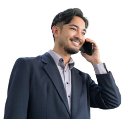 Handsome Asian business man in suit standing and talking on mobile phone, smiling expression showing happiness.