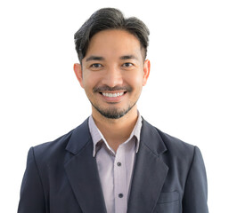 Portrait of a handsome Asian man with a beard in a gray shirt making a smile face.