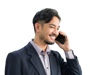 Handsome Asian business man in suit standing and talking on mobile phone, smiling expression showing happiness.