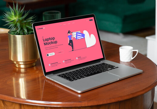 Laptop On Wood Table Mockup