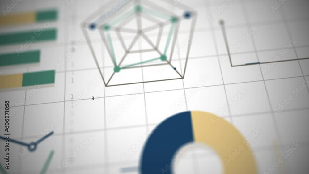 Poster 4k animation of colored financial graphs and diagrams growing on a grid background. charts and infog