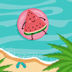 cute watermelon floating on a circle. Summer, beach, palm trees. vector illustration