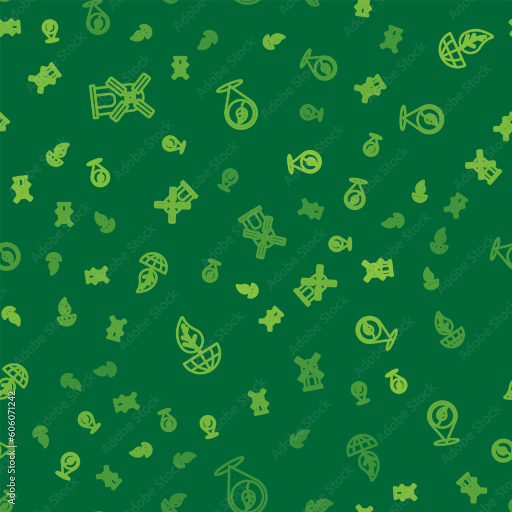 Aufkleber set line wind turbine, earth globe and leaf and location with on seamless pattern. vector