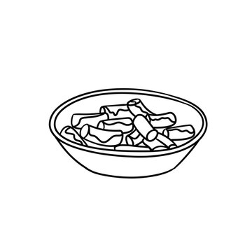 recommend clip art: Korean traditional street food rice cake. Spicy tteokbokki dish. Asian cuisine meal. Vector illustration in outline style.
