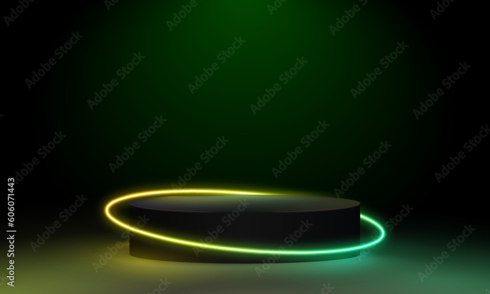 Aufkleber abstract cosmic vibrant color podium backdrop. glowing neon lighting on dark background with copy sp