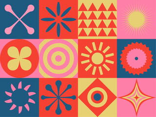 Abstract geometric brutalism design vector pattern made with simple different shapes and forms, artwork composition of bold graphics elements, useful for web design, poster art