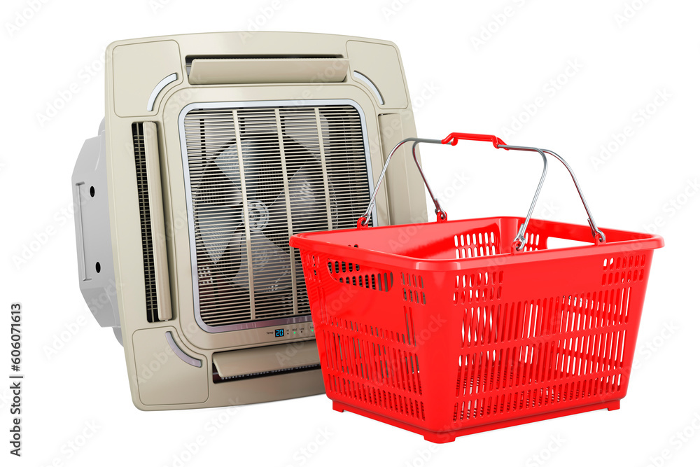 Poster ceiling cassette unit, indoor unit of air condition with shopping basket. 3d rendering