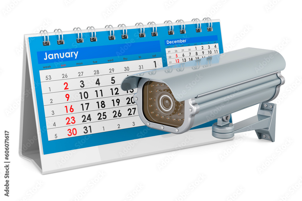Poster security surveillance camera with desk calendar. 3d rendering