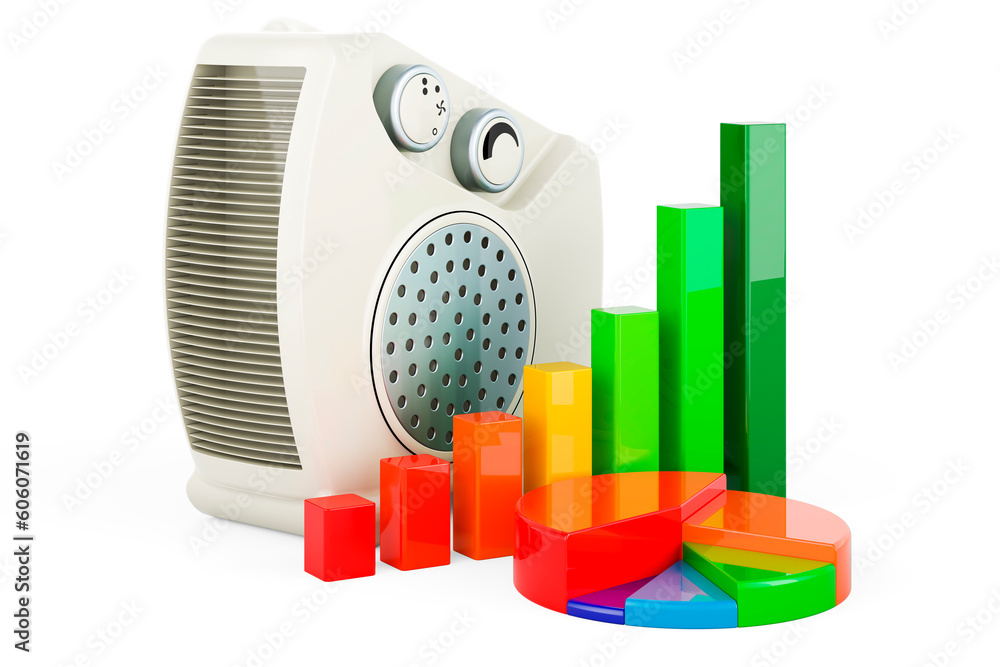 Aufkleber fan heater with growth bar graph and pie chart, 3d rendering