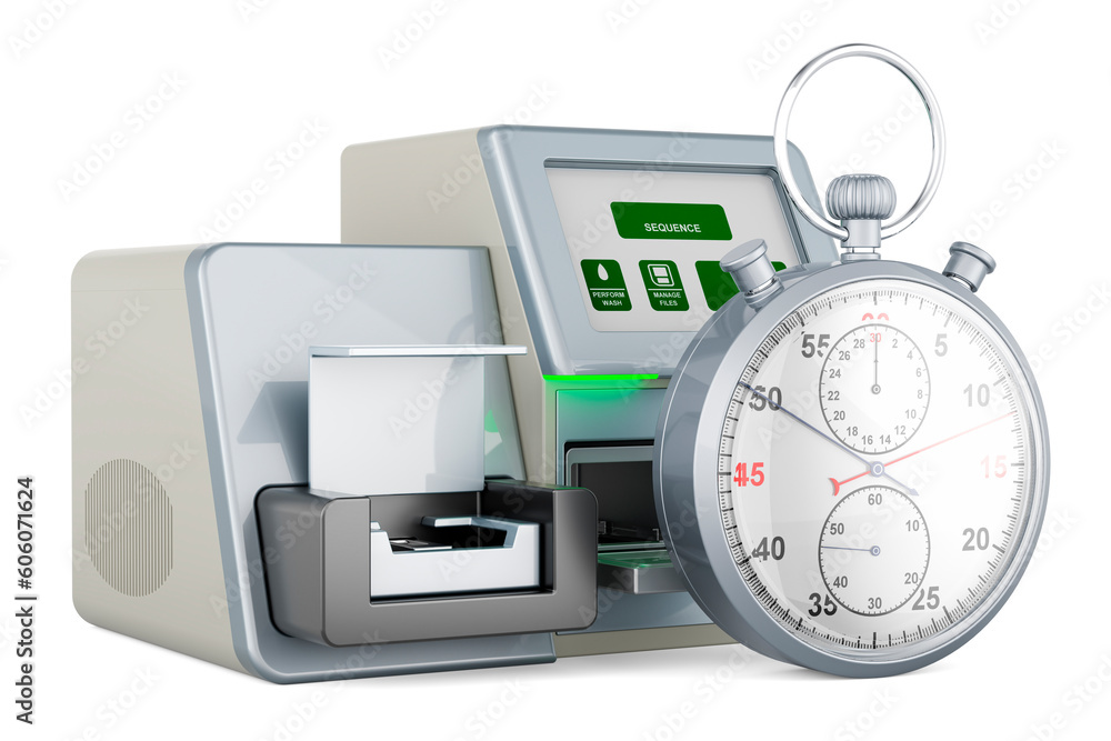 Poster dna sequencer with stopwatch, 3d rendering