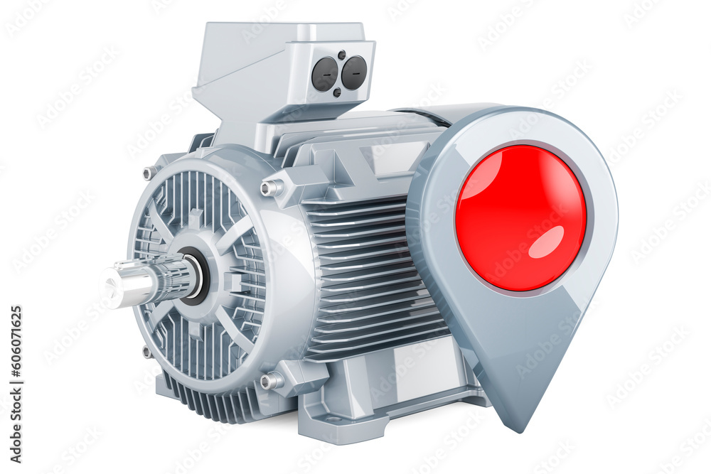Poster industrial electric motor with map pointer, 3d rendering