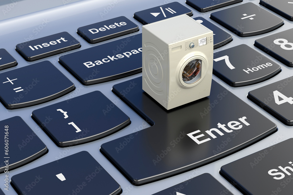 Poster washing machine on laptop keyboard. 3d rendering