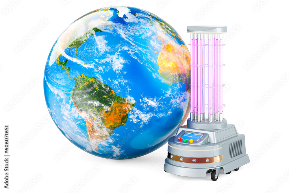 Poster uv-disinfection robot with earth globe. 3d rendering