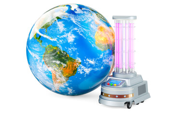 UV-Disinfection Robot with Earth Globe. 3D rendering