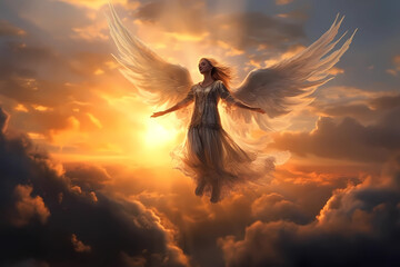 an angel flies through the sky at sunset, Generative AI