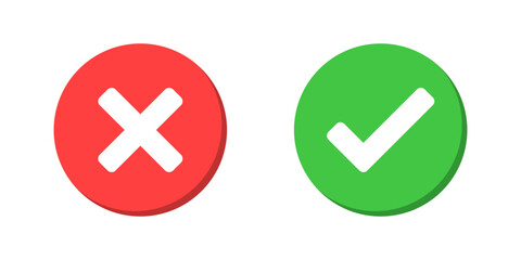 Title: check mark icon button set. check box icon with right and wrong buttons and yes or no checkmark icons in green tick box and red cross. vector illustration - obrazy, fototapety, plakaty