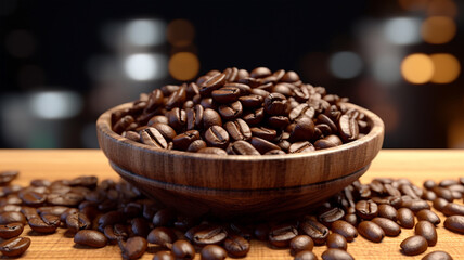 Fototapeta premium Roasted coffee beans on a plate in cafe, close-up, Generated AI