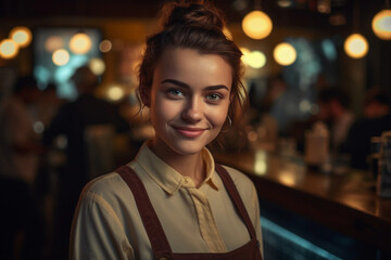Fototapeta premium Atractive young woman waitress. Generative Ai