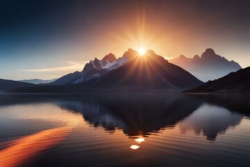 Fototapeta na wymiar sunrise over the lake beside mountain by AI generating