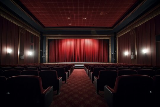 赤い舞台幕が張られた薄暗い劇場：AI作品
