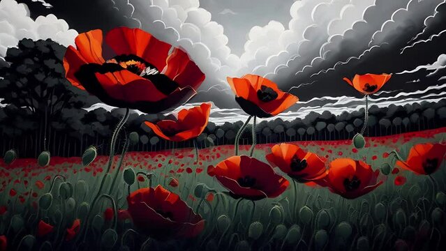 Red poppies transform into graves with gravestones watercolor animation. Concept of remembrance day. Red poppies field and military cemetery in dark style. AI generated video