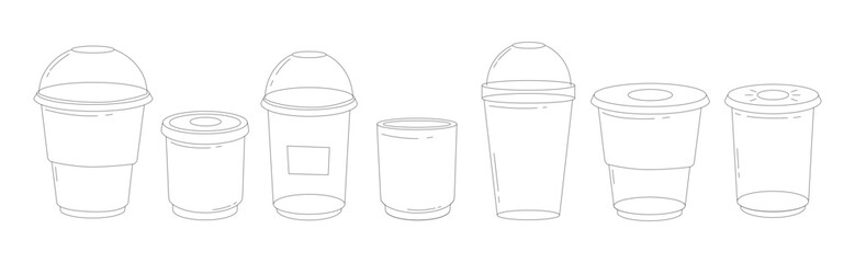 A set of plastic cups for cold drinks. Plastic cup template silhouette on isolated white background. line icon. Editable stroke. Doodle style. Vector stock illustration.