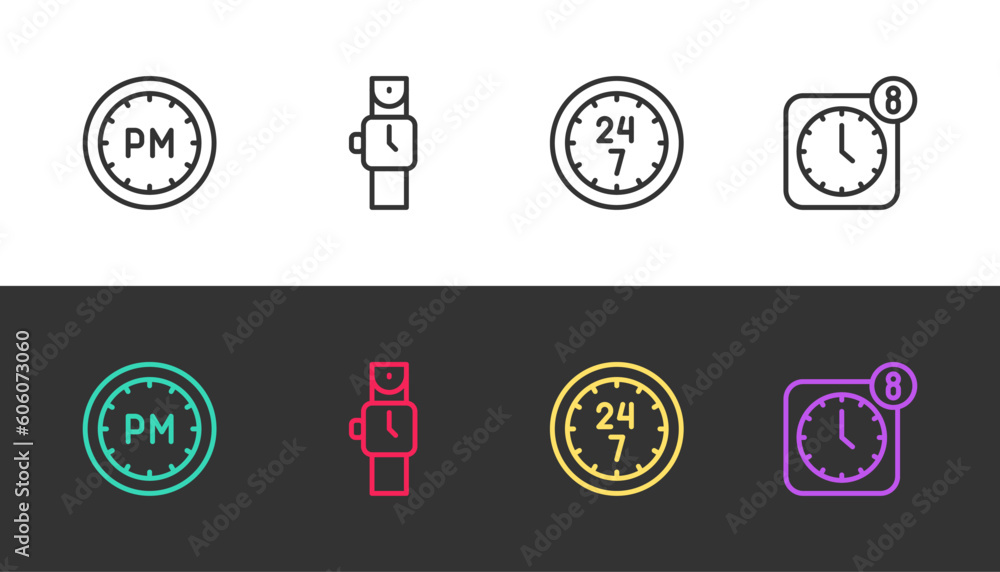 Poster set line day time, wrist watch, clock 24 hours and alarm clock app mobile on black and white. vector