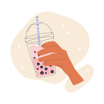 Flat vector illustration of a hand holding cold Taiwanese tea with milk and tapioca in a plastic cup. Isolated design on a white background. Vector stock illustration. 