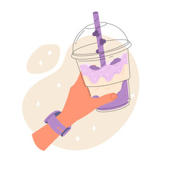 A womans hand holds a milkshake in a plastic glass with a straw. Summer sweet cocktail with cream. Drink party, sweet beverages desserts, decent bubbles drinks. Vector stock illustration.