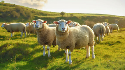Flock of sheep in a meadow in the light of sunset.
Natural healthy food and organic farming concept.