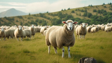 Flock of sheep grazing on a field of farmland.
Natural healthy food and organic farming concept.