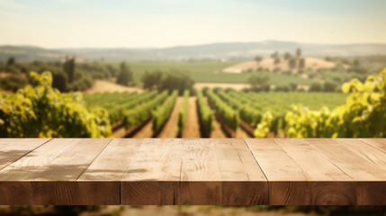 A wooden table overlooking a vineyard in the background - obrazy, fototapety, plakaty