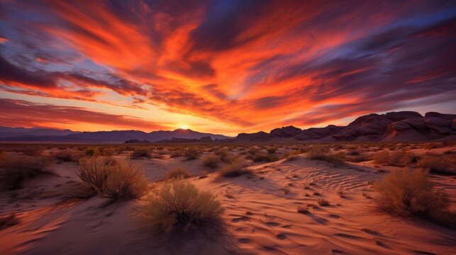 Sunset over a desert landscape. Generative AI