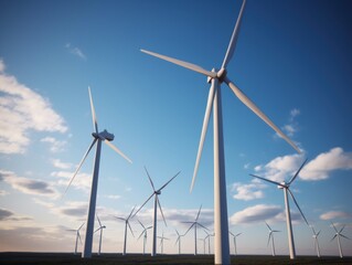 Fototapeta premium Wind turbines generating electricity with blue sky, energy conservation concept. Generative AI