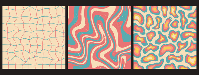 Groovy hippie 70s checkered backgrounds. Waves, swirl, spots background. Twisted and distorted vector texture in trendy retro style.
