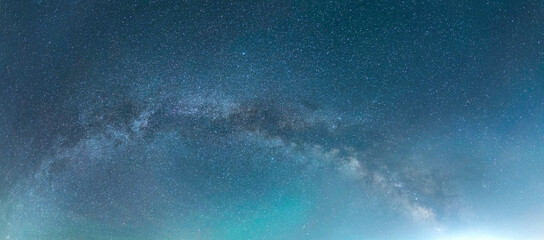 Beautiful panoramic milky way galaxy. Bright starry sky. Astronomical background.
